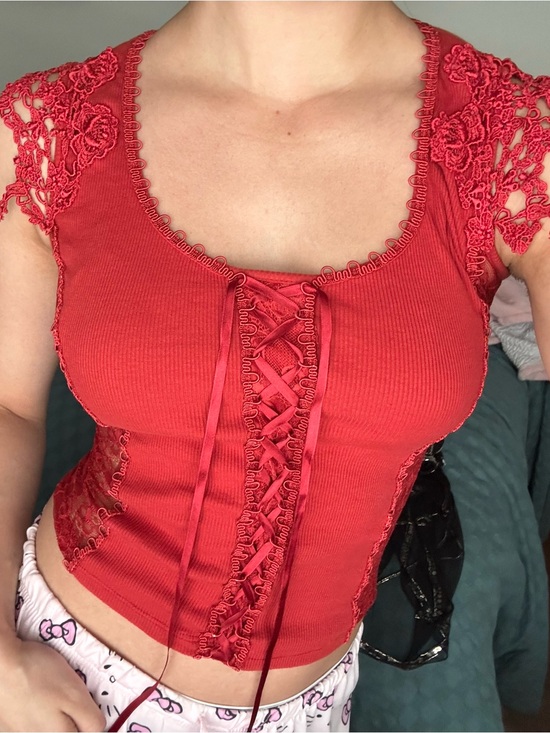 Betsey Johnson Tops - Vintage Betsey Johnson Red Lace-Up Ribbed Crop Top with Crochet Sleeves
